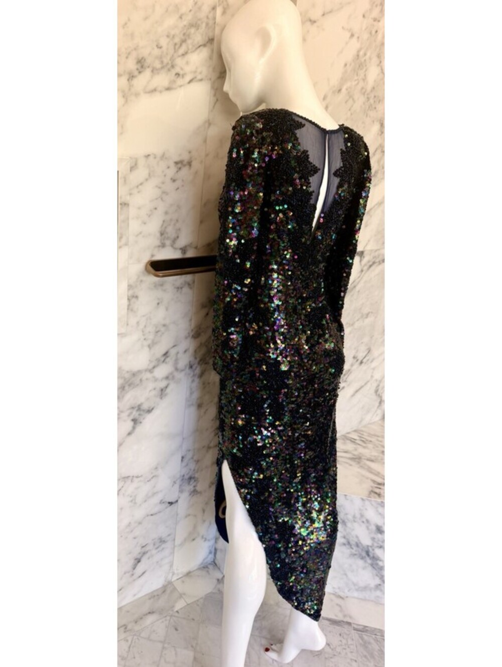 Creative Creations Vintage 100% Silk Hand Beaded Sequin Maxi Dress Blue Multi M